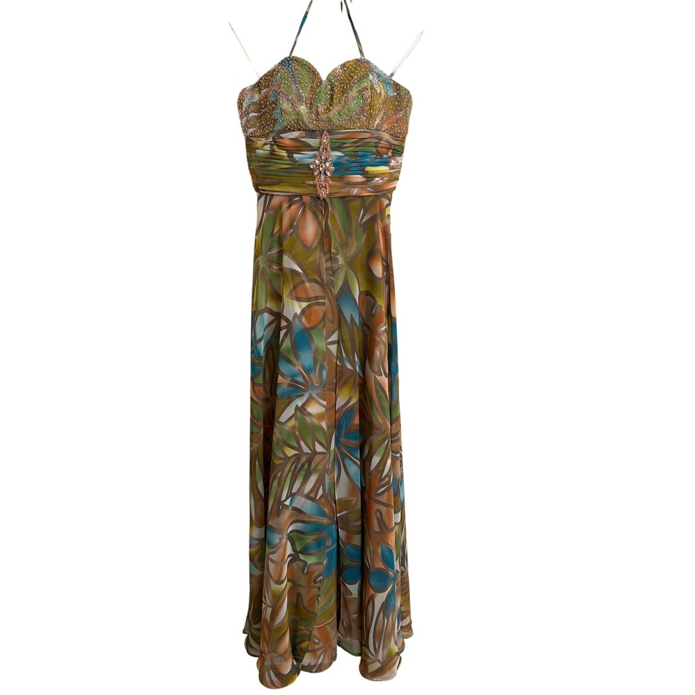 Vintage SCALA Halter Maxi Dress Y2K Beaded‎ Gown Earthy Jungle Floral Print Sz 4
